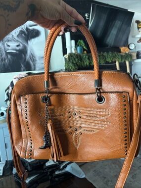 Sam & Hadley Braided Handle Tan Satchel with Stud and Tassel Detail